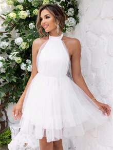 Joyfunear Women Solid Color Elegant Backless Halter Neck Mesh Overlay Dress - White - View 3