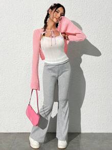 SHEIN EZwear 1pc Front Knot Long Sleeve Cardigan - Pink - View 4