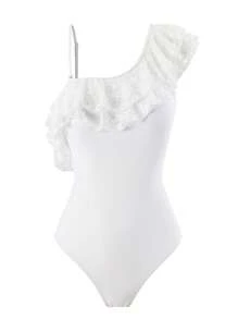 SHEIN Swim Summer Beach Women Asymmetrical Neck Ruffle One-Piece Swimsuit - White - View 3