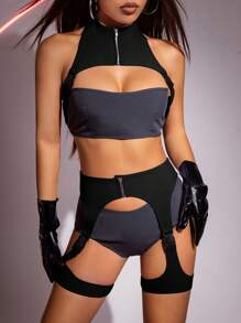 SHEIN ICON 女用鏤空背心和短褲兩件套 - 黑色 - 查看 4