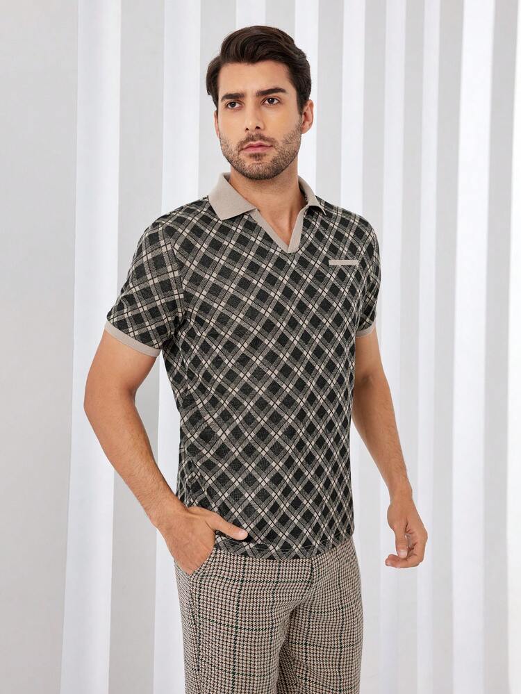 Men's Plaid Pattern Short Sleeve Polo Shirt