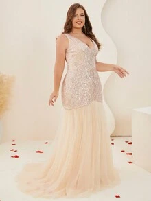 Plus Sequins Formal Mermaid Dress Evening Gowns - Gold - View 6