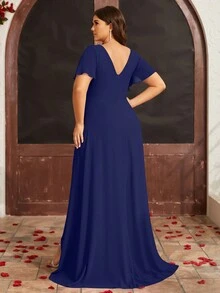 Women Plus Size V-Neck Hi-Lo Bridesmaid Dress Flowy Chiffon Party Wedding Guest