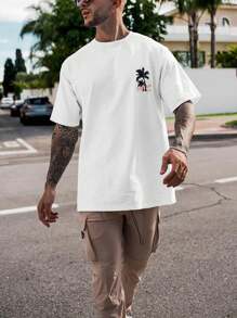 Manfinity RSRT Camiseta de manga corta con cuello redondo, estampado de lema y palmera para hombre, regalo de vacaciones para el novio - Blanco - Ver 2