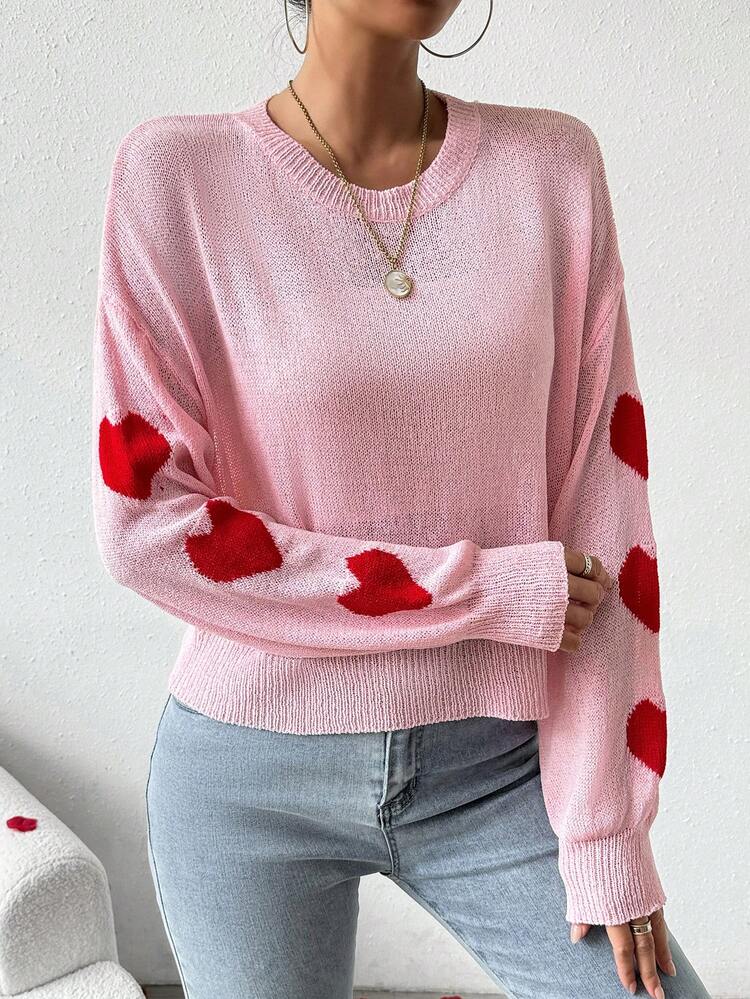 Heart Pattern Drop Shoulder Sweater Top Knit Pullover Fall Winter Sweater