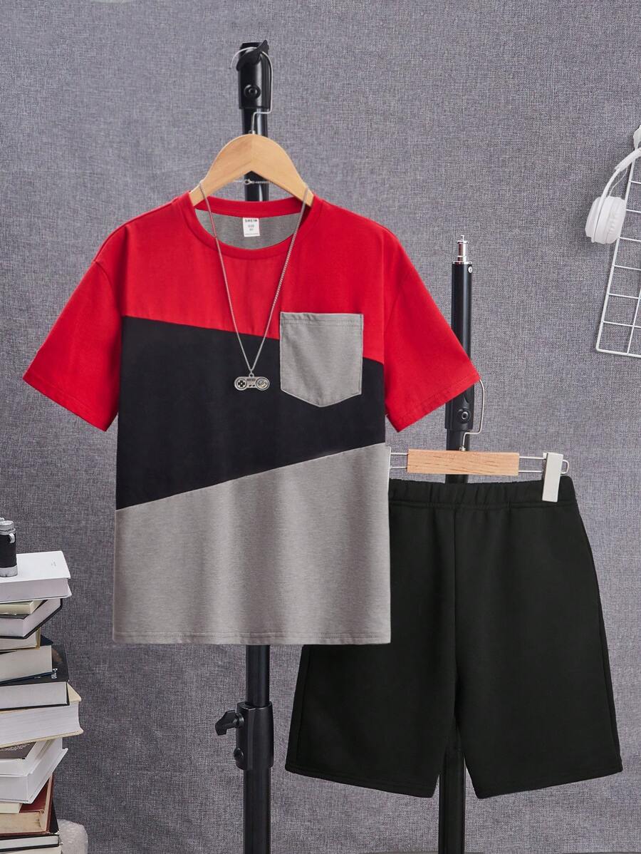 SHEIN Teenage Boys' Leisure Colorblock Patchwork T-Shirt With Attached ...