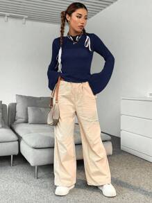 SHEIN Unity 百搭性感喇叭袖针织套头衫，适合秋冬季穿着 - 藏蓝色 - 查看 5