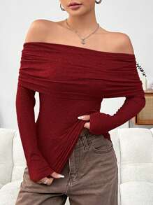 SHEIN EZwear Women's Solid Color Pleated Off Shoulder T-Shirt - Rose Red - View 5