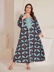 Al Najma Plus Size Women's Lace Splicing All Over Print Dress