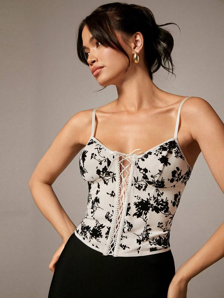 Women's Flower Printed Criss-Cross Strap Camisole Top