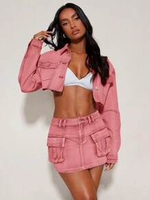 SHEIN BAE Flap Pocket Denim Mini Skirt - Pink - View 4