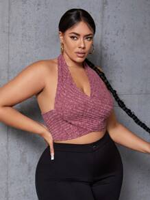 SHEIN SXY 女款大尺碼交叉裹身 V 領掛脖背心 - 紅色 - 查看 4