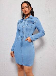 SHEIN ICON Women'S Short Sleeve Denim Shirt Dress - Medium Wash - View 4