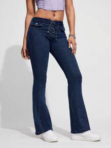 SHEIN ICON Quý cô Vượt qua Dây thắt lưng Pháo sáng Quần jean - Rửa tối - Xem 1