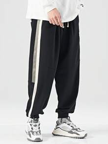 男士加大尺寸寬鬆修身對比側縫休閒運動褲 - 黑色 - 查看 5