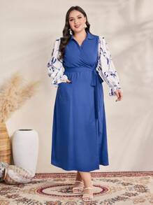 Mulvari Plus Size Women's Plant Print Ruffle Hem Long Sleeve Belted Dress