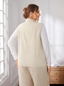 SHEIN Privé Plus Size Solid Elegant Sleeveless Blazer Jacket - Khaki - View 2