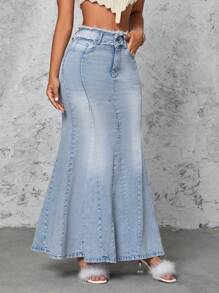 SHEIN SXY Frayed Hem Denim Mermaid Skirt