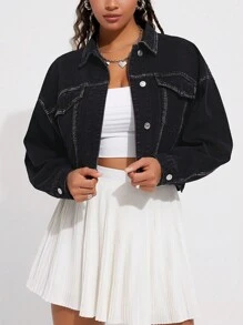 SHEIN EZwear 女裝落肩長袖牛仔外套 - 黑色 - 查看 4