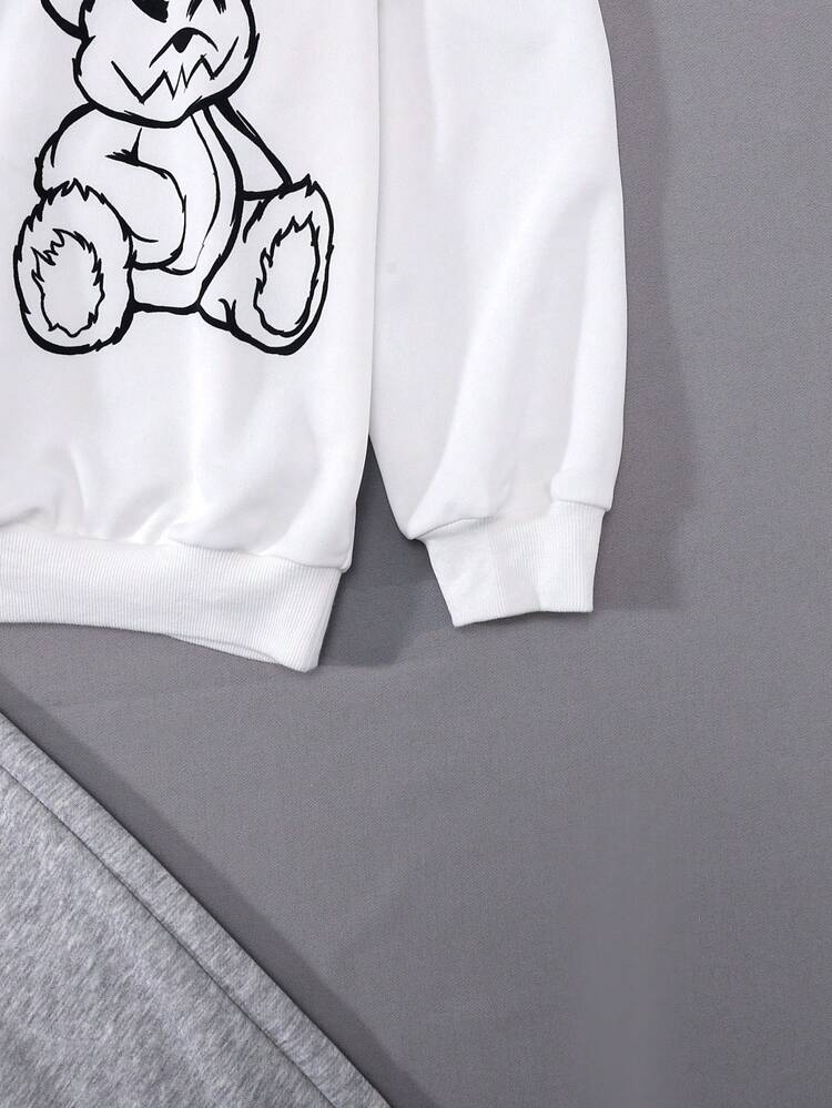 Teen Boy Casual Loose Bear Pattern Hooded Sweatshirt And Sweatpants Set