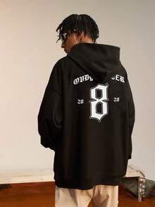 男士字母印花連帽衫 - 黑色 - 查看 6