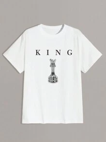Men's Casual Chess & Letter Print Round Neck Short Sleeve T-Shirt - White - View 3