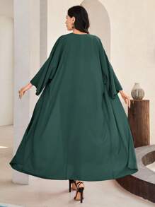 Al Najma Màu thuần Tay áo chuông Áo choàng Abaya Đầm Với Thắt Lưng - xanh quân đội - Xem 2