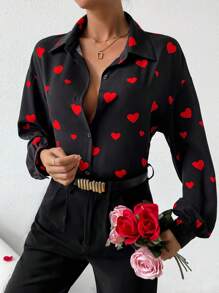 Chiquease Loose Heart Print Drop Shoulder Blouse - Black - View 4