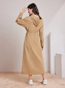 Mulvari Women's Drawstring Waist Zipper Front Hooded Dress - Coffee Brown - View 6