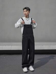 Manfinity Hypemode 寬鬆男士純色斜口袋牛仔背帶褲連身衣 - 黑色 - 查看 4