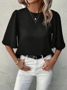 EMERY ROSE Solid Round Neck Medium Sleeve Shirt - Black - View 4