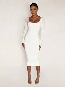 Scoop Cổ Chất rắn Váy bodycon - trắng - Xem 1