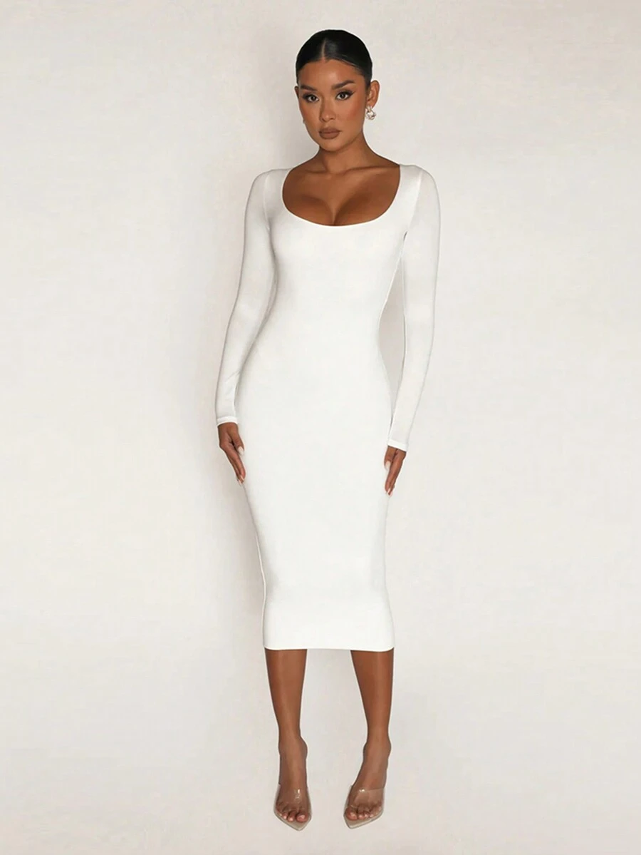 Scoop Cổ Chất rắn Váy bodycon - trắng - Xem 1