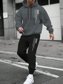 Manfinity Homme Men Slogan Graphic Kangaroo Pocket Thermal Drawstring Hoodie & Sweatpants - Multicolor - View 1