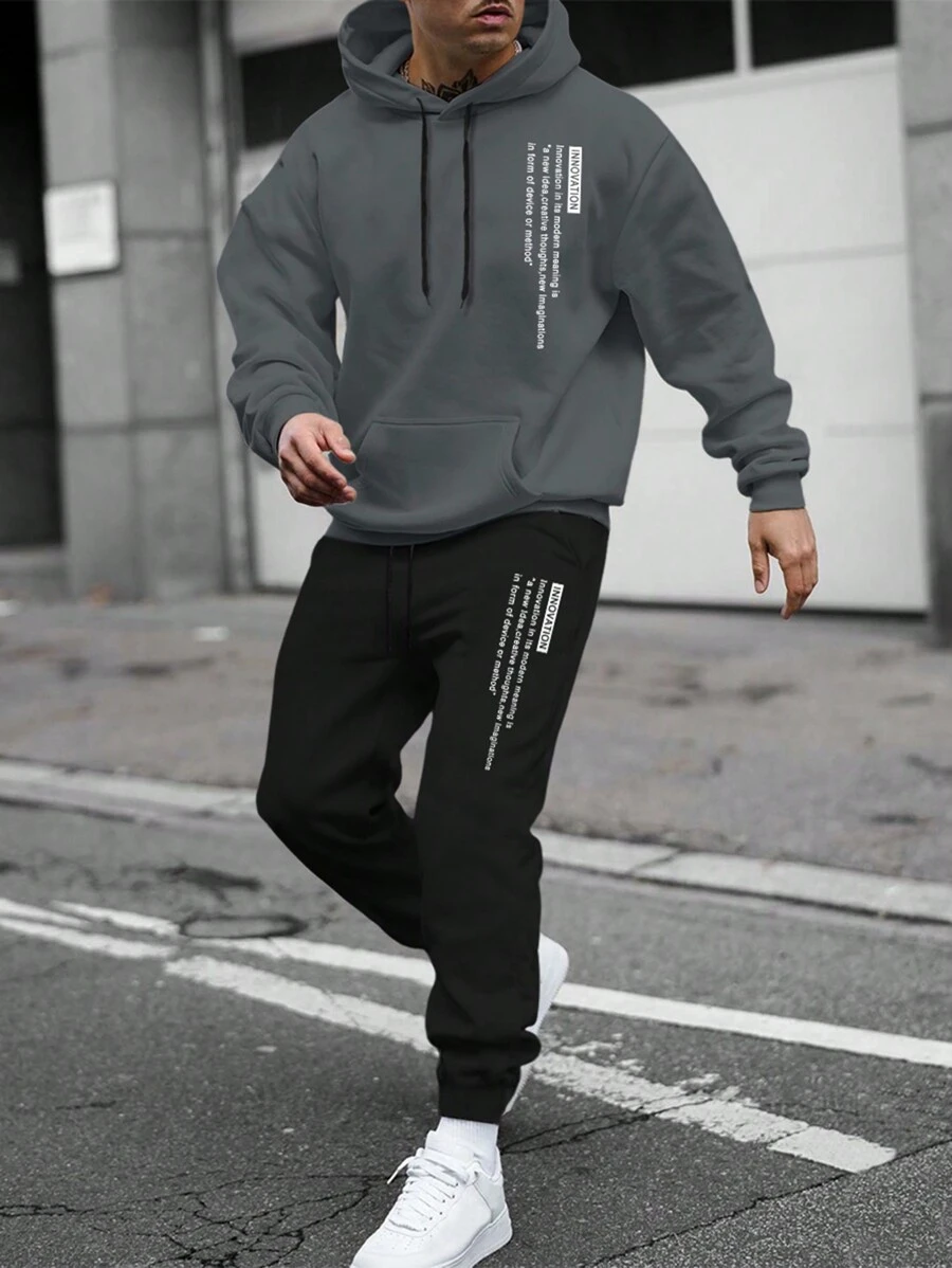 Manfinity Homme Men Slogan Graphic Kangaroo Pocket Thermal Drawstring Hoodie & Sweatpants - Multicolor - View 1