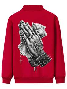 Chaqueta de manga larga para hombre estilo rave, nueva chaqueta deportiva de primavera y otoño, casual para exteriores y correr, con cremallera retro de estilo europeo y americano, con estampado de "Money First Prayer", adecuada para uso casual, deportes, correr y actividades al aire libre - Rojo - Ver 2