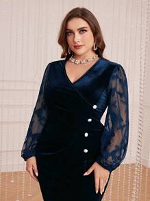 Modelyn Plus Size Women's Butterfly Print Mesh Long Sleeve Slit Dress - Navy Blue - View 4