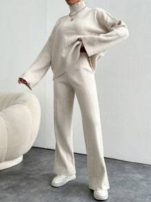 EURMUSE Solid Color Long-Sleeved Sweater And Knitted Trousers Two-Piece Set - Apricot - View 3