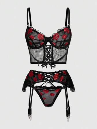 Goth Underwire Strap Lingerie Garter Belt Thong Rose Sexy Lingerie Set 3 Pieces