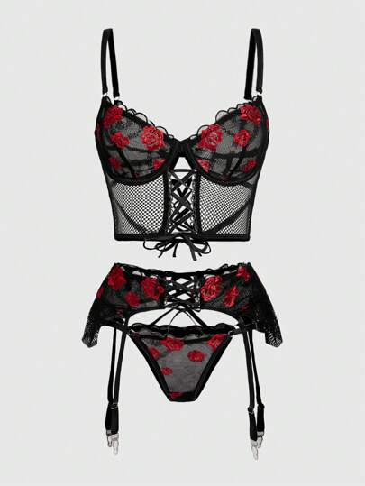 Goth Conjunto De Lencería Sexy Con Correa Con Aros Y Liguero, Tanga Rosa, 3 Piezas