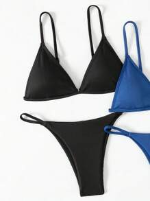 SHEIN Swim Summer Women's Solid Color Bikini Set - Multicolor - View 3