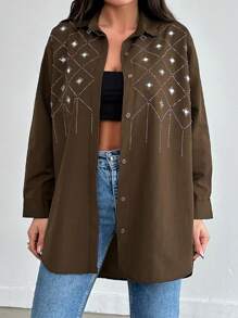 EURMUSE Women'S Rhinestone Button Cardigan Shirt - Brown - View 1