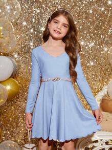 SHEIN Leap Crew Tween Girl Scallop Trim Dress Without Belt - Baby Blue - View 3