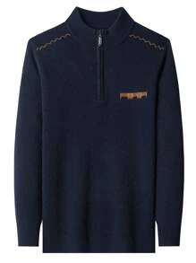 Men's Half Turtleneck Zip Front Thickened Sweater - Navy Blue - View 6