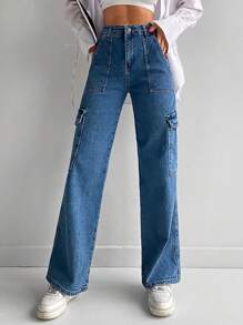 High Waist Flap Pocket Cargo Jeans - Blue - View 4