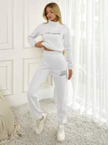 EURMUSE Women'S Slogan Printed Turtleneck Two-Piece Set - White - View 4