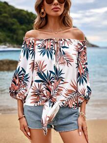 SHEIN VCAY Blusa Con Hombros Descubiertos Y Estampado Tropical Para Mujer - Multicolor - Ver 4