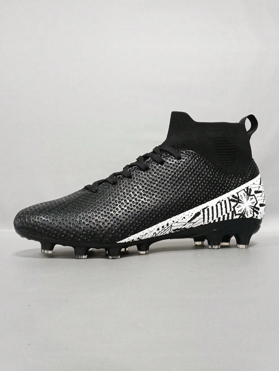 1 Pair All-Season Youth Blue And White Porcelain Soccer Shoes, High-Cut Long Studs Football Cleats For Lawn Games And Training - Black - View 1