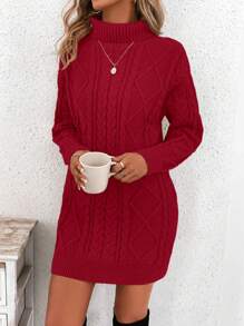 SHEIN LUNE 純色高領毛衣連身裙 - 紅色 - 查看 6