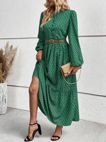 SHEIN LUNE All Over Printed Lantern Sleeves Dress Maxi Women Outfit - Multicolor - View 5